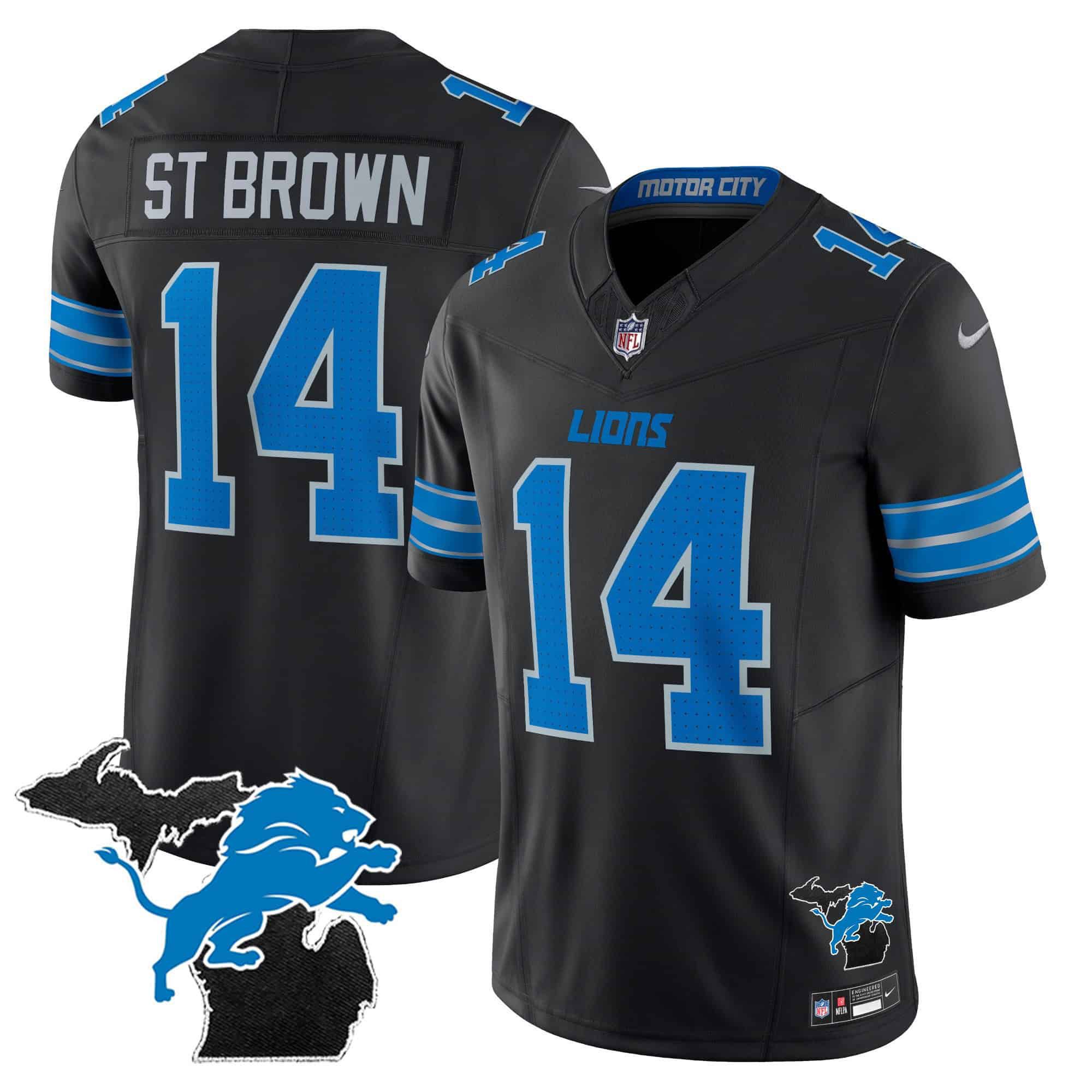 Men Detroit Lions 14 ST Brown Black 2024 Nike Michigan Patch Vapor Limited NFL Jersey style 1